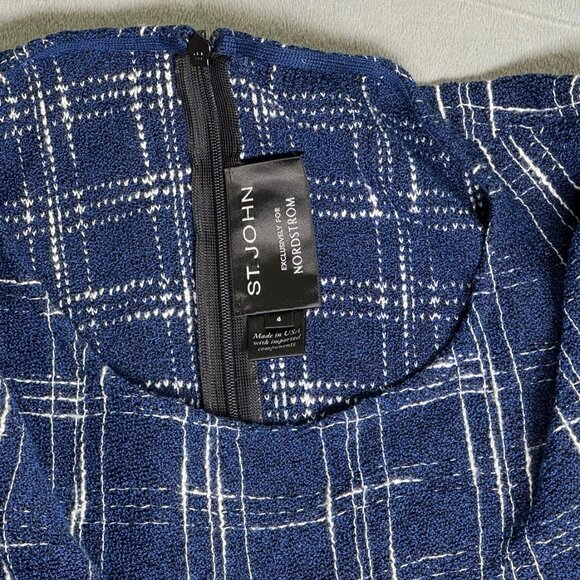 St. John Navy Blue & White Wool Blend Knit Plaid Sheath Dress - Picture 4 of 6